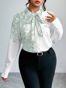 Elenzga Camisa de manga larga casual con estampado aleatorio y cuello anudado para mujer talla grande - Multicolor - Ver 4