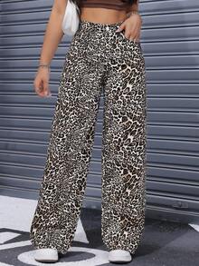 SHEIN ICON 女士高腰豹纹阔腿宽松休闲牛仔裤 - 彩色 - 查看 5