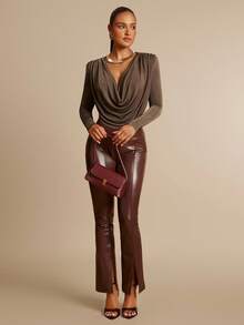 Silquee 橄榄绿色低胸优雅垫肩褶饰长袖紧身衣，适合约会、郊游、婚礼和派对 - 橄欖綠 - 查看 6