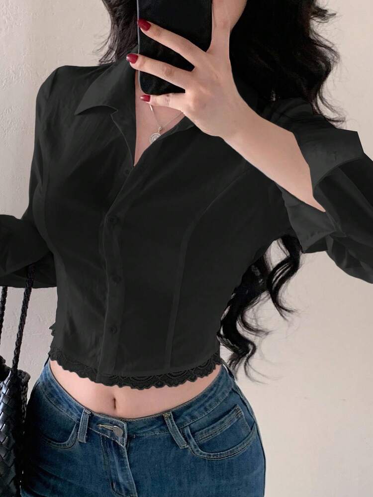 Sexy Fishbone Stitching Collegiate Style Slim Fit Cardigan, Hollow Out Lace Patchwork Elegant Long Sleeve Blouse For Office Wear, Spring/Autumn Y2k