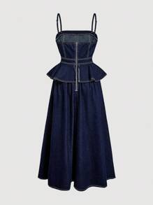 Selenza 女士设计感喇叭裙无弹力修身牛仔吊带背心连衣裙 - 深色水洗藍 - 查看 2