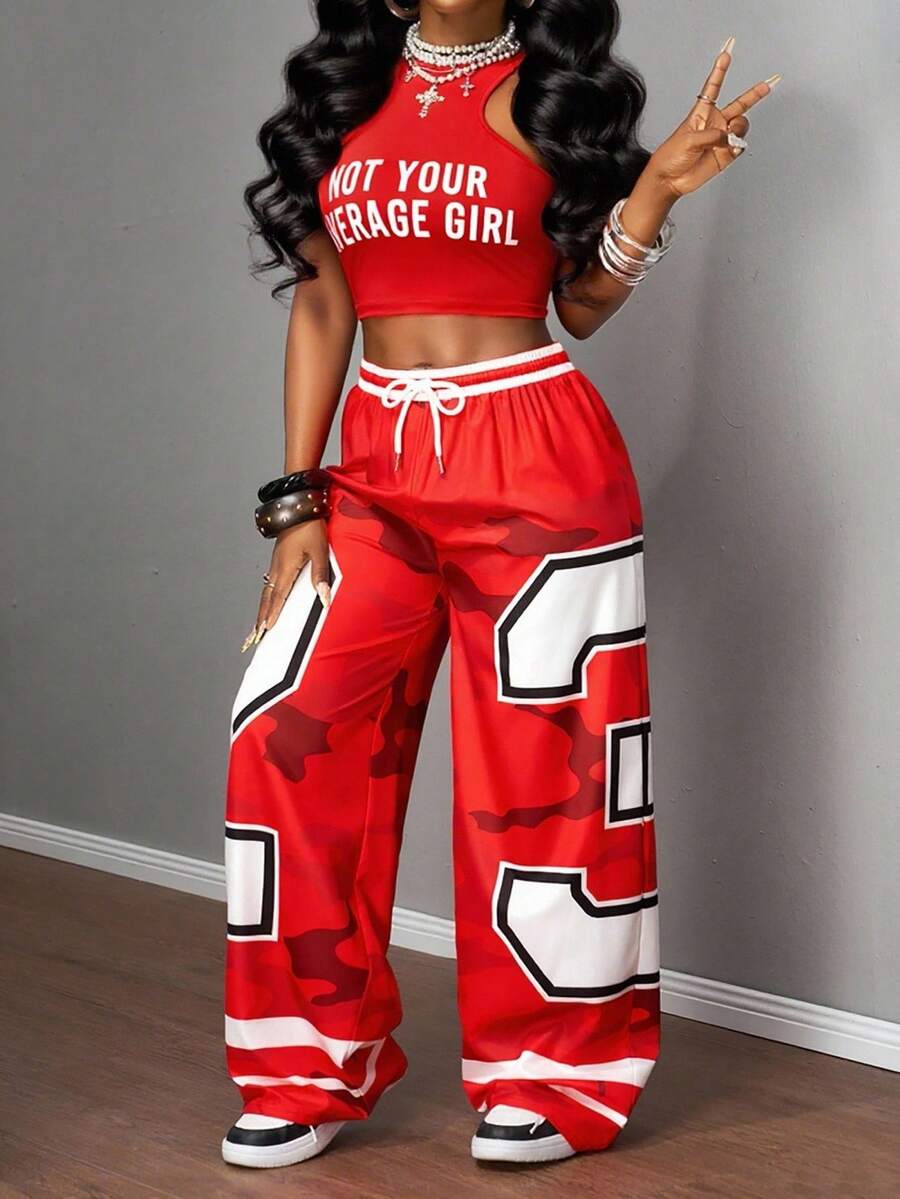 Slaydiva Women's 2 Pieces Outfit Red And White Summer Grunge Birthday Sports Style Round Neck I-Shaped Vest Slogan Letter Print Wide-Leg Pants Set - Red - View 1