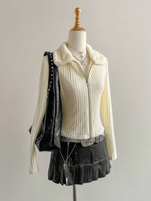 Elamini Cream Yellow Knitted Ribbed Patchwork Double-Sided Fleece Collar Zip-Up Fitted Long Sleeve Jacket, Elegant Vintage College Style For Commute, Office, Casual, Daily Wear, Dates, Autumn/Winter For Women