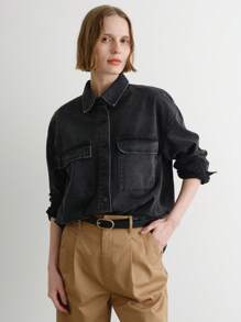 FRIFUL 女士纯色休闲长袖牛仔衬衫、牛仔夹克、秋季女装 - 灰色 - 查看 13