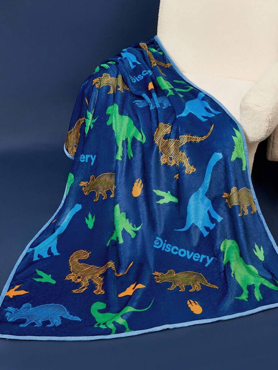 Discovery X SHEIN 1pc Dinosaur Printed Flannel Blanket, Soft & Warm For Bed, Sofa, Exploration Discovery Design - Multicolor - View 1