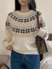 DAZY Suéter de punto jacquard de cuello redondo, estilo suelto y retro, suave para otoño, invierno, Navidad y Año Nuevo - Beis - Ver 8