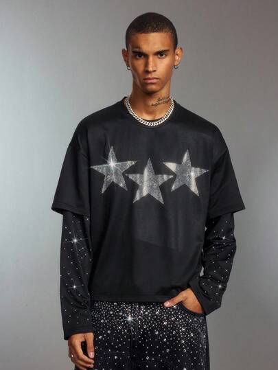 Street Life Men's Sparkling Star Diamond Decor 2 In 1 Long Sleeve T-Shirt, Fall, 2000s Style