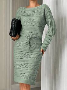 SHEIN Solid Color Holow Out Batwing Sleeve Sweater, Spring/Fall Season, Long Sleeve Top Sweater Dress,Winter Dresses For Women,Petite