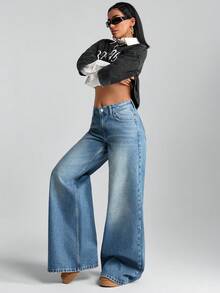 EURMUSE Low Waist A-Line Wide Leg Denim Jean Crop Hoodies For Women Long Sleeve Crop Top Crop Top Graphic Tees Women Crop Jeans Top - Medium Wash - View 4