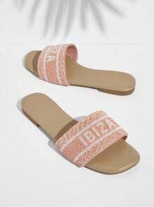 SHUZIA 女士字母鑲珠扁平時尚簡約拖鞋，適合日常外出穿著 - 粉色 - 查看 2