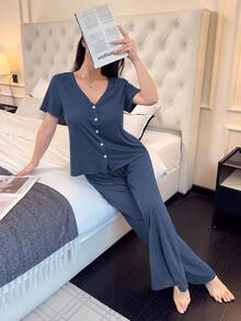 DUSKBASE 女士纯色短袖休闲针织舒适家居服套装 - 藍色 - 查看 5