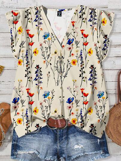 EMERY ROSE Plus Size Women's Daily Casual Vacation V-Neck Small Flying Sleeves Vacation Style Summer Daisy Pattern Loose Shirt, Women's Summer Clothing, Women's Vacation Clothing, Women's Summer Clothing, Women Boho Blouses Floral Blouse Women Boho Shirts Women Women Summer Blouses Floral Shirts Women Chic Blouses For Women Floral Print BlouseIn Fall/Winter