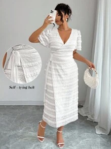 Elenzga 夏季大码女式优雅系带短袖裹身裙