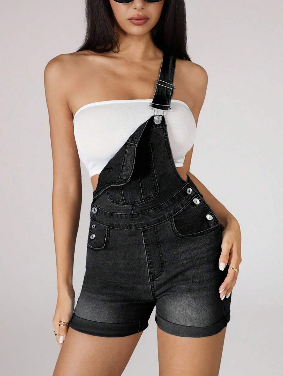 女式休闲修身牛仔背带裤，夏季 - 黑色 - 查看 1