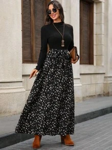 EMERY ROSE Women's Floral Print Stand Collar Elegant Long Sleeve Dress Maxi Long Sleeve Dress Long Casual Dress Animal Print Maxi Dress Modest Maxi Dress Black Tie Waist Maxi Dress Fall Clothes For Women,Fall Dresses For Women,Dresses For Women Elegant  Dresses For Women Elegant  Dresses For Women Elegant