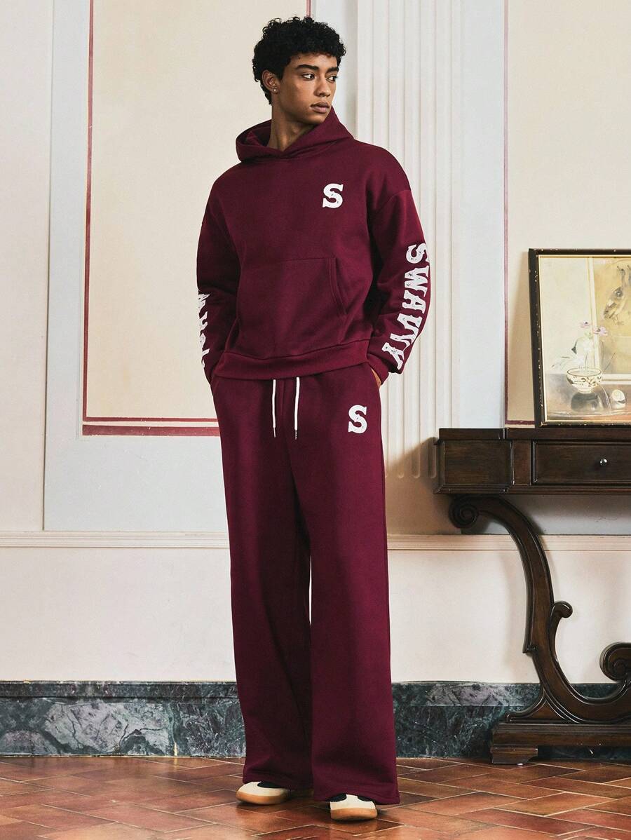 SWAVVY 2pcs Men's Casual Long Sleeve Hoodie And Pants Set, Screen Printed, Maroon Color, Fall Clothes, Winter - Burgundy - View 1