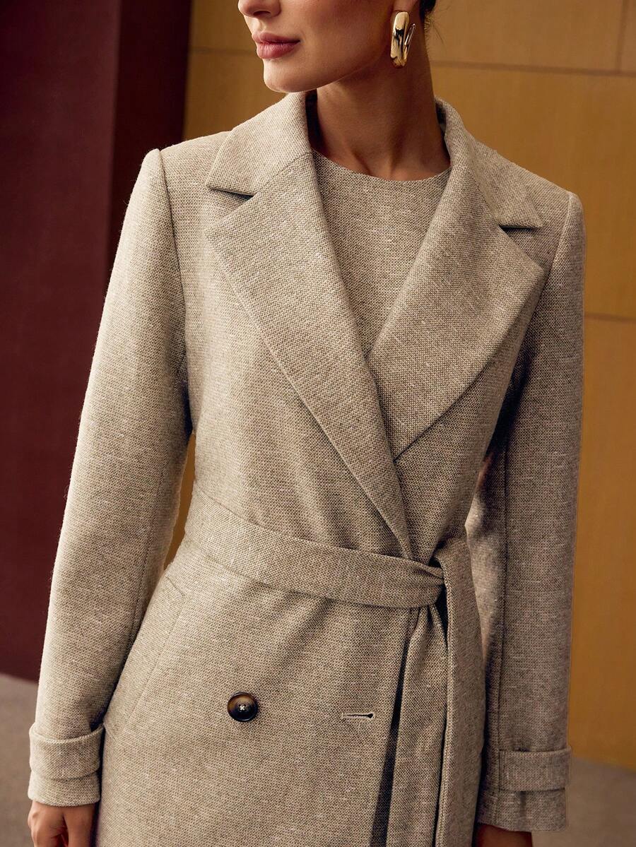 MOTF PREMIUM 羊毛束带大衣 - 卡其色 - 查看 2