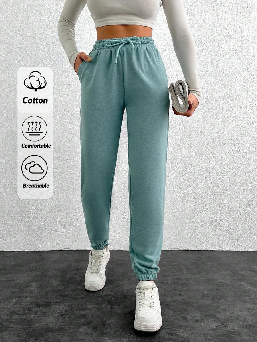 RueChic Women's Solid Color Drawstring Waist Jogger Pants With Pocket, Casual - Mint Green - View 1