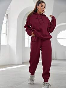 EURMUSE Sudadera con capucha y pantalón de chándal con bordado de letra, hombros caídos y cordón ajustable, de algodón - Burdeos - Ver 4