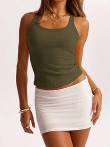 SHEIN BAE 夏季针织条纹圆领简约休闲上衣，适合早午餐、外出、约会、通勤休闲、邮轮旅行等场合，女士款，伊比沙岛 - 軍綠色 - 查看 7