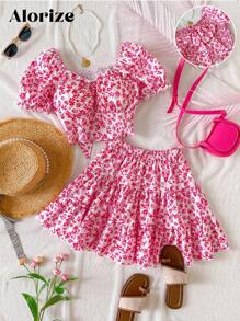 2 件套春夏青少年女孩优雅泡泡袖荷叶边曲线比例后系带衬衫搭配多层荷叶边下摆裙套装，适合日常、通勤、休闲、度假、派对 - 玫紅色 - 查看 1