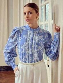 ZEYLAH Floral Print Bubble Sleeve Elegant Shirt With Single-Breasted Design, Vacation Style For Women Fall Cloth For Women - Blue - View 7