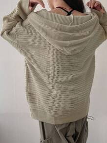DAZY Áo khoác cardigan dáng rộng, có mũ trùm đầu, dây rút, màu trơn, thường ngày cho nữ, quần áo mùa thu - Màu Khaki - Xem 5