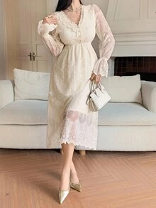 DAZY Women's V-Neck Button Design Ruffle Sleeve Elegant Lace Mid-Length Dress - Beige - View 5