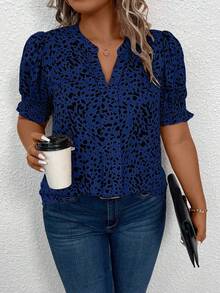 SHEIN 大码夏季休闲全印花锁眼领泡泡袖衬衫 - 寶藍色 - 查看 3