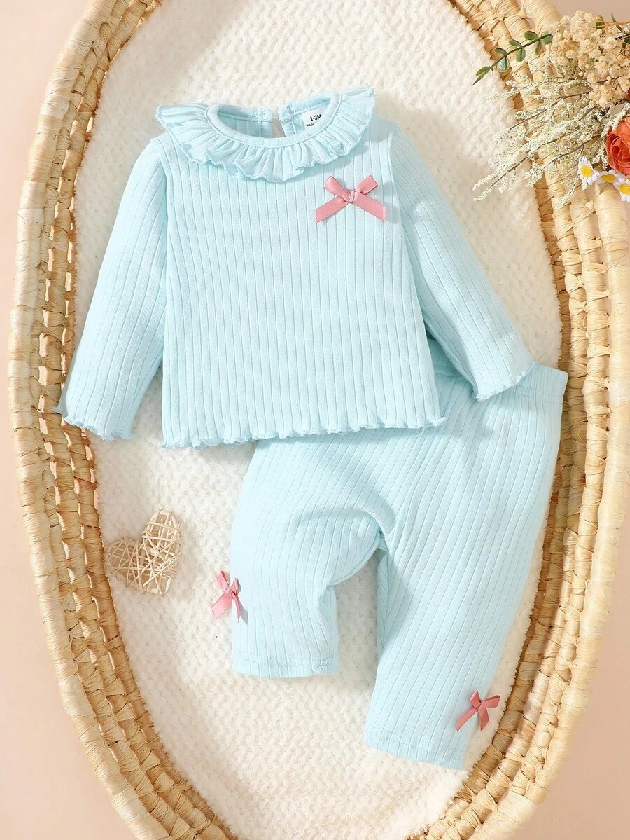 SHEIN 新生儿秋冬圆领蝴蝶结纯棉柔软舒适简约长袖上衣和裤子套装 - 藍色 - 查看 1