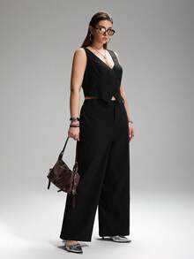 LYSMO Plus Size Summer Sexy Solid Color Vest & Pants Suit In Fall/Winter - Black - View 3