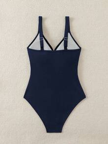 Swim Lushoire 1 件条纹面料交叉前片连体泳衣 - 藏蓝色 - 查看 5