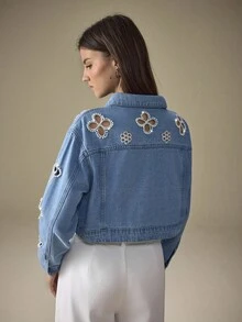 Selenza Floral Hollow-Out Pearl Decor Women Denim Jacket - Medium Wash - View 2