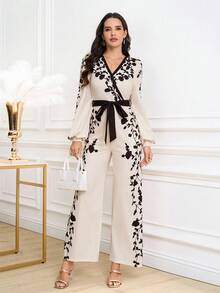 Ellevyn 女式 V 领长灯笼袖卡其色黑色花卉印花腰部修饰直筒连体裤，优雅日常穿着，秋冬 - 彩色 - 查看 4