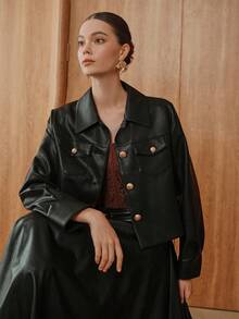 Almamuse Damen Mode Jacke mit kleinem Kragen und Tasche aus PU-Leder, kurzer Mantel