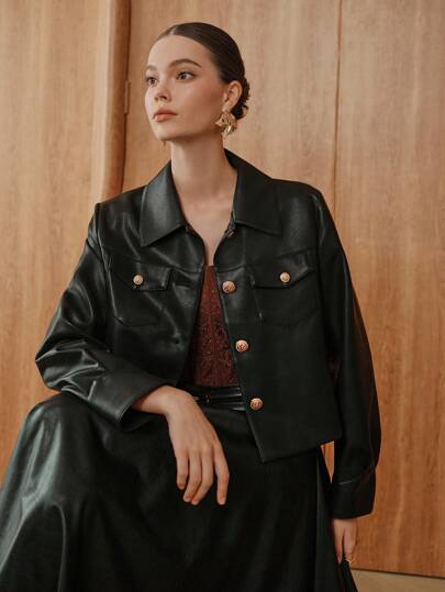 Almamuse Women's Fashion Small Collar Pocket PU Leather Jacket Short Coat Fall Winter Cloth For Women