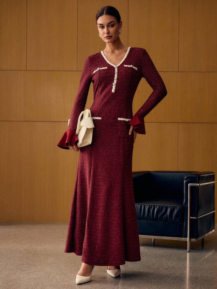 CONTRAST TRIM SLIM FIT DRESS FOR AUTUMN & WINTER