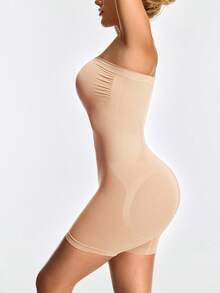 SHAPORA Women's Solid Color Ruched Bandeau Romper - Beige - View 3