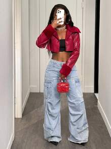 BamGleam Halloween Frauen Motorrad Crop Pu Leder Jacken Herbst Winter Y2k Club Baddie - Rot - Übersicht 6