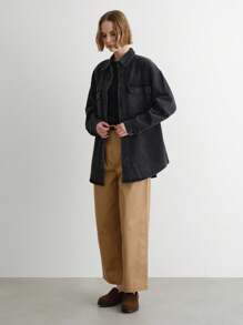 FRIFUL 女士纯色休闲长袖牛仔衬衫、牛仔夹克、秋季女装 - 灰色 - 查看 10