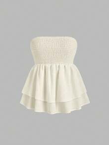 Sweetra Plus Size Solid Color Double Layer Ruffle Hem Tube Top For Women, Vacation Style