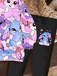 SHEIN Bộ 2 quần áo nỉ dài tay cổ tròn và quần legging in hình thỏ xanh hoạt hình dễ thương Lulu & bé gái, phù hợp cho mùa thu/đông - Nhiều màu - Xem 5