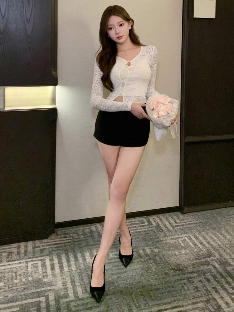 Lace-Up Long Sleeve T-Shirt For Women, Unique Boutique Design, Slim Fit Top Going Out Tops Women