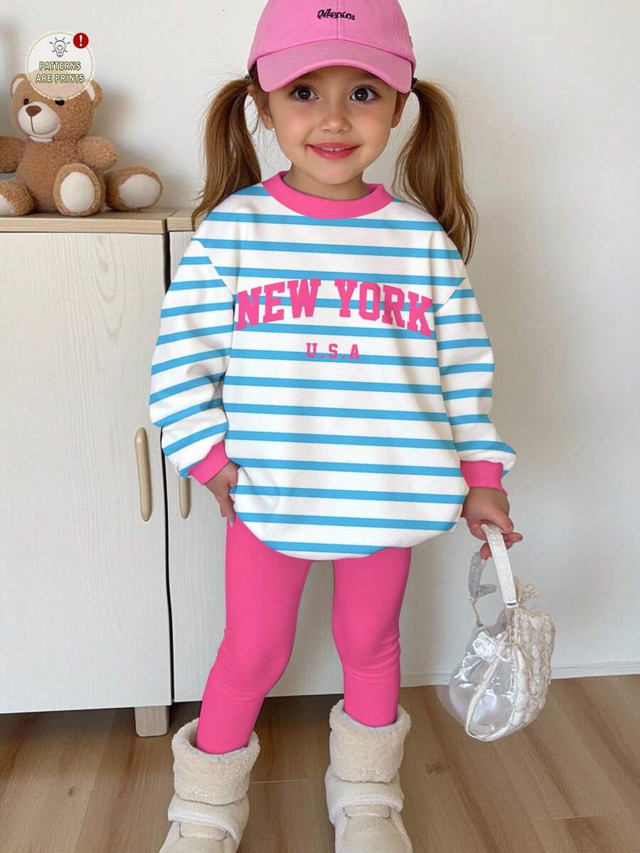 SHEIN Happikins 2pcs/Set Young Girl Casual Blue Striped With "NEW YORK" Print, Contrast Pink, Back To School, College Style, Minimalist Crew Neck Long Sleeve Sweatshirt And Leggings, Suitable For Autumn/Winter Fall - Multicolor - View 1