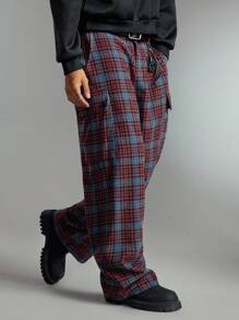 ROMWE MEN Men's Plaid Wide Leg Loose Casual Cargo Pants, For Fall - Purple - View 5