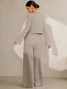 SHEIN Unity New Women's Fashion Casual Khaki Striped Loose Comfortable Home & Party V-Neck Tie-Up Long Sleeve Pants Set Fall Cloth For Women - Multicolor - View 2
