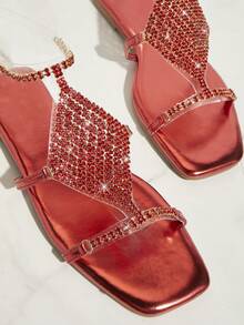 SHUZIA Women's Rhinestone Decorated Simple Daily Flat Sandals - Red - View 3