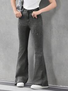 Sparklyn 少女休闲时尚百搭水洗浅蓝色喇叭牛仔裤 - 深灰色 - 查看 4