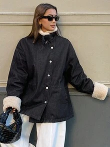 DAZY Women's Casual Padded Coat With Denim And Faux Fur Patchwork, Loose Fit, Suitable For Autumn/Winter Jacket - Navy Blue - View 7