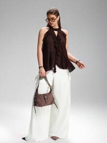 LYSMO 大码女式简约系带围巾式上衣 - 棕色 - 查看 8